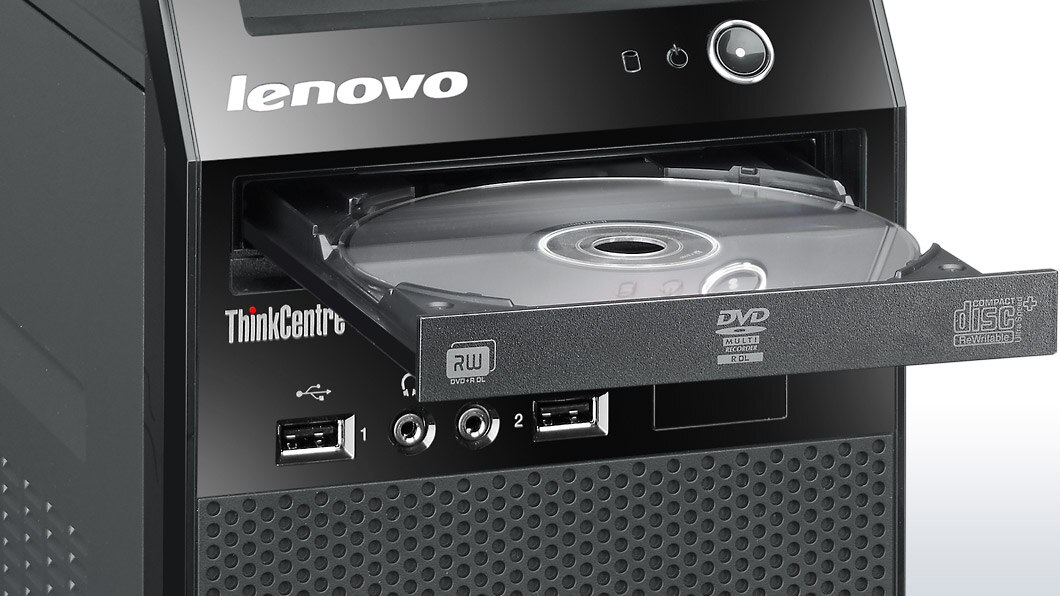 Lenovo ThinkCentre E73 Mini Tower, front detail view of open optical drive