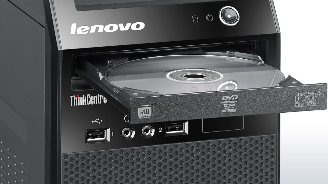 Lenovo ThinkCentre E73 Mini Tower, front detail view of open optical drive tray