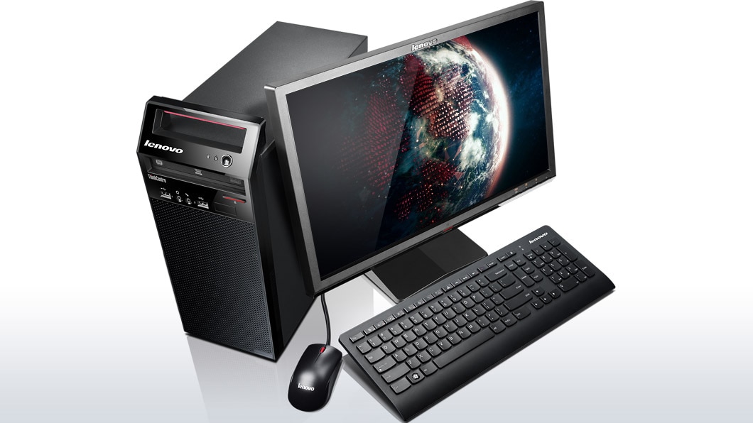 Lenovo ThinkCentre E73 Mini Tower, overhead view with monitor, keyboard, and mouse
