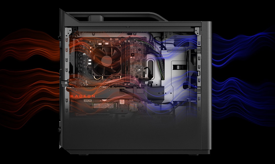 Lenovo Legion T530 AMD , graphic of left side showing airflow through the chassis.