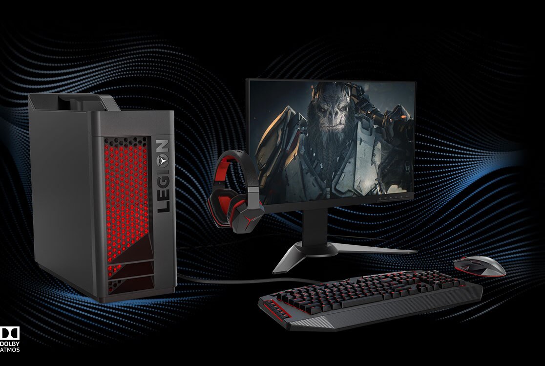Lenovo Legion T530 Tower (AMD), front view with gaming monitor, keyboard, mouse and headset
