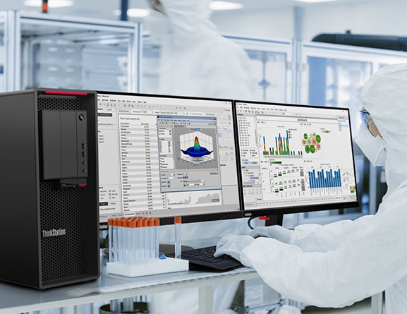 Lenovo ThinkStation P620 tower in use in a lab with two independent monitors.
