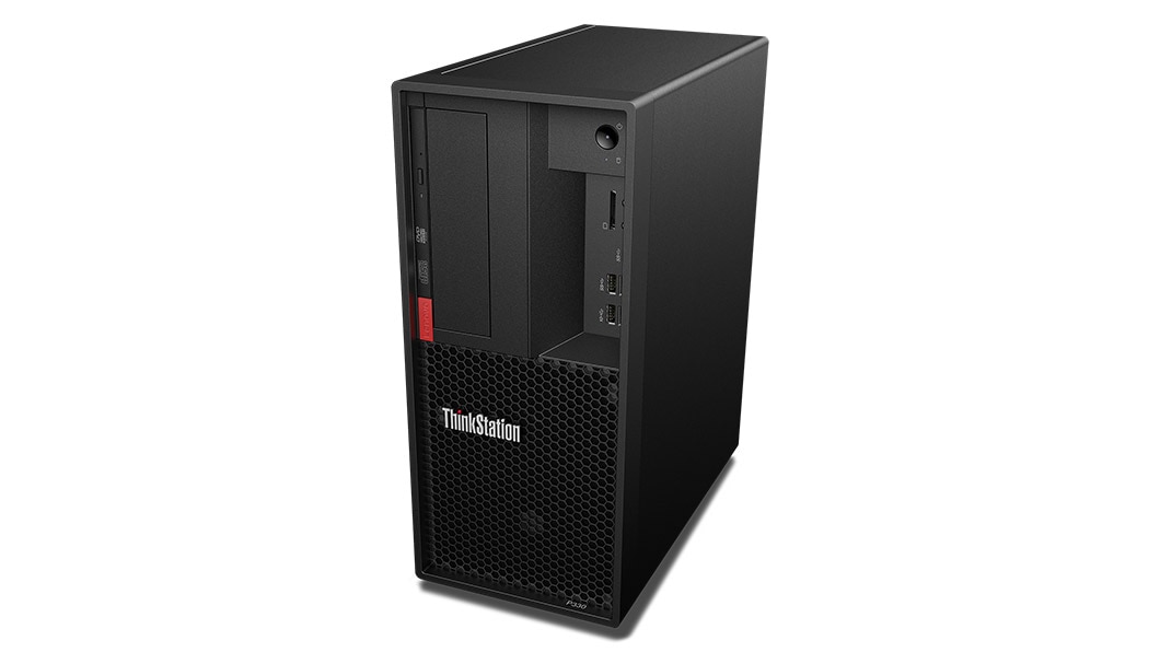 Lenovo ThinkStation P330 Tower, front right side high angle view.