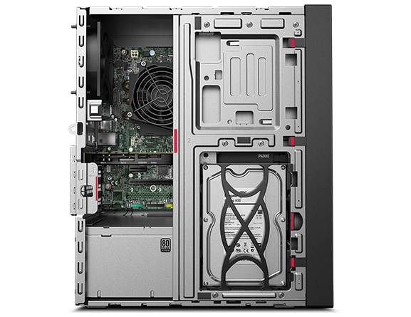 Lenovo ThinkStation P330 Tower, left side view with side panel removed showing internals.