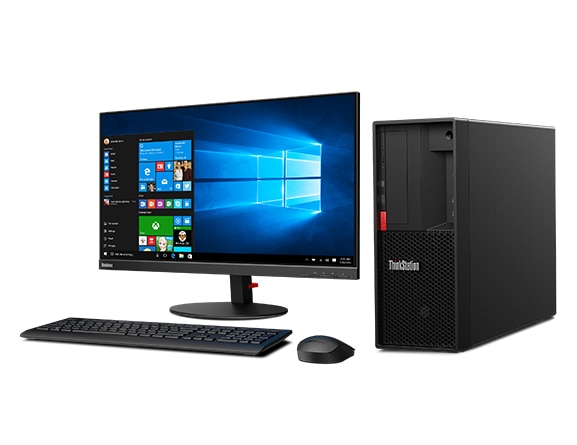 Lenovo ThinkStation P330 Tower positioned alongside monitor, keyboard, and mouse.