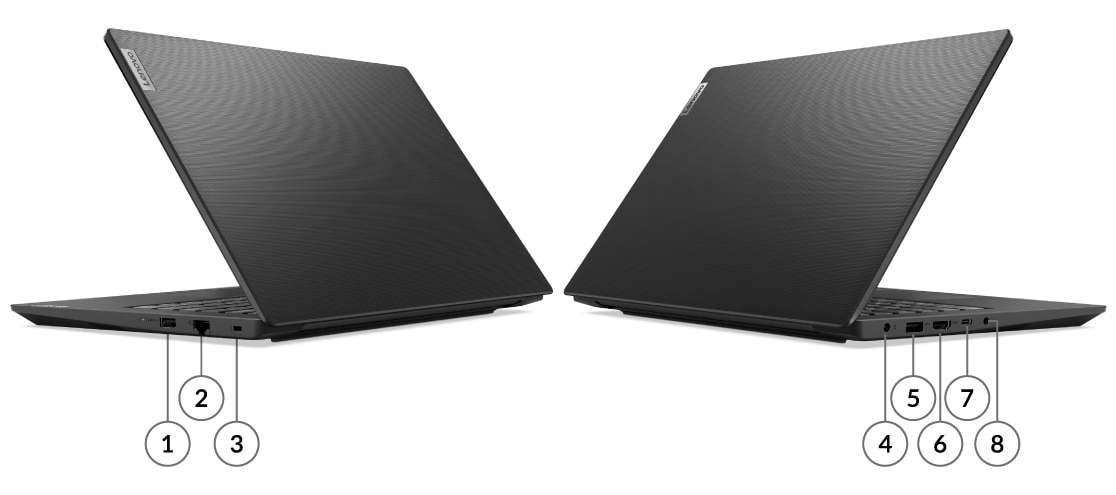 Levi i desni portovi, numerisani, na Lenovo V14 Gen 4 laptopu u osnovnoj crnoj boji