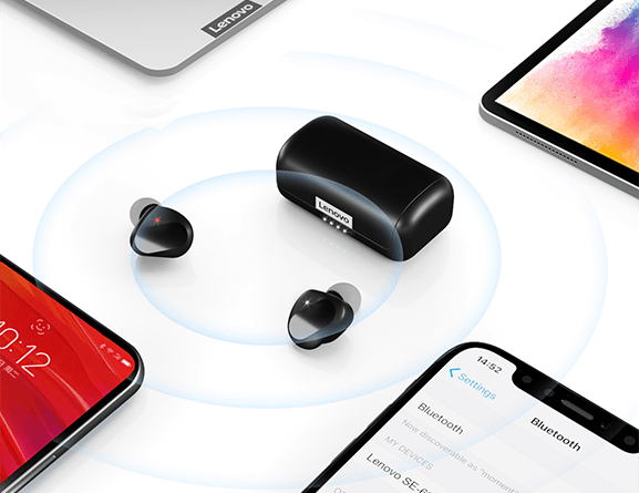 Lenovo TWS Earbuds and Case with signal graphic, between multiple smart devices