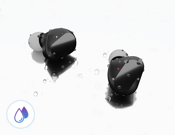 Lenovo TWS Earbuds with droplets on and around them