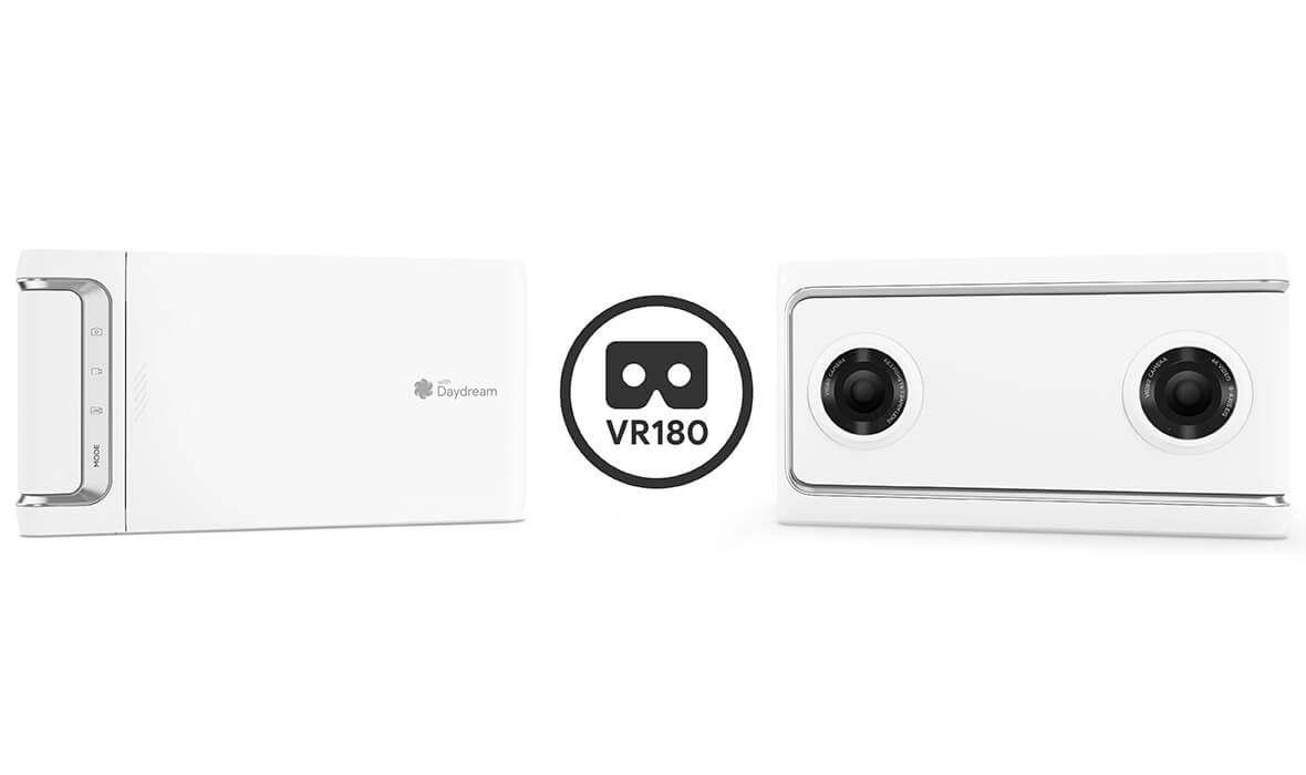 Lenovo Mirage Camera, front and back views with VR180 logo 