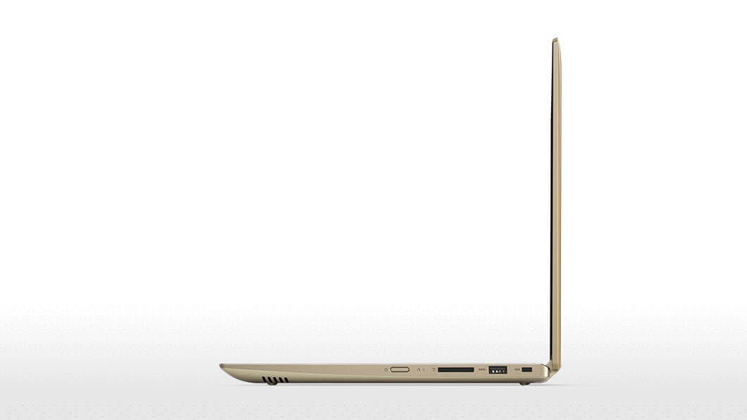 Lenovo Yoga 520 in gold, right side view open 90 degrees