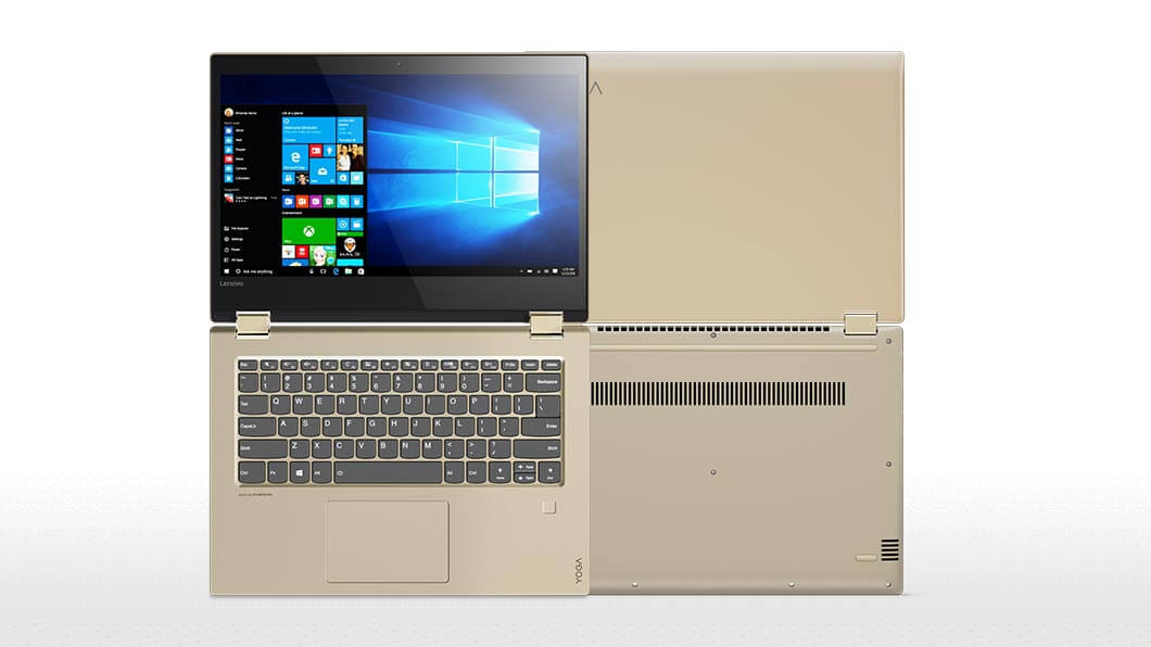 Lenovo Yoga 520 in gold, front and back views open 180 degrees