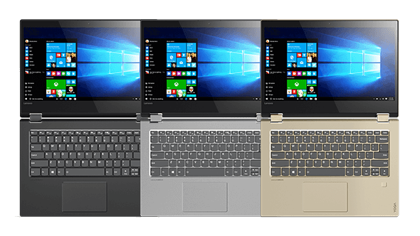 Lenovo Yoga 520 (14) in black, grey, and gold. Overhead view open 180 degrees