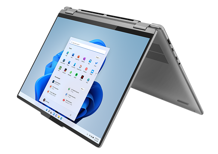 Yoga 7 Gen 8 (16″ AMD) in tent mode facing left with Windows 11 on the screen