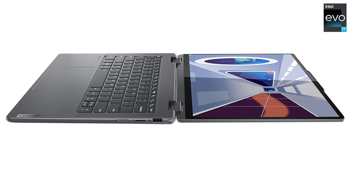 Yoga 7i Gen 8 laptop opened flat, showing off 180-degree hinge