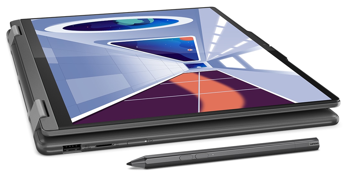 Yoga 7i Gen 8 laptop in tablet mode with pen next to it