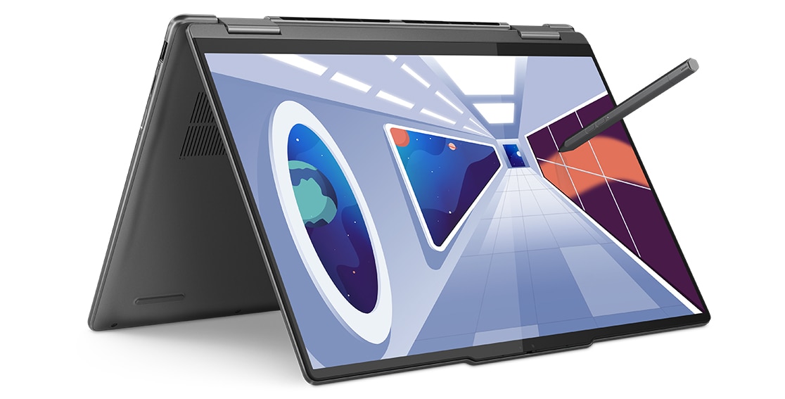 Portable Yoga 7i Gen 8 en mode tente avec un stylet traçant un dessin dessus