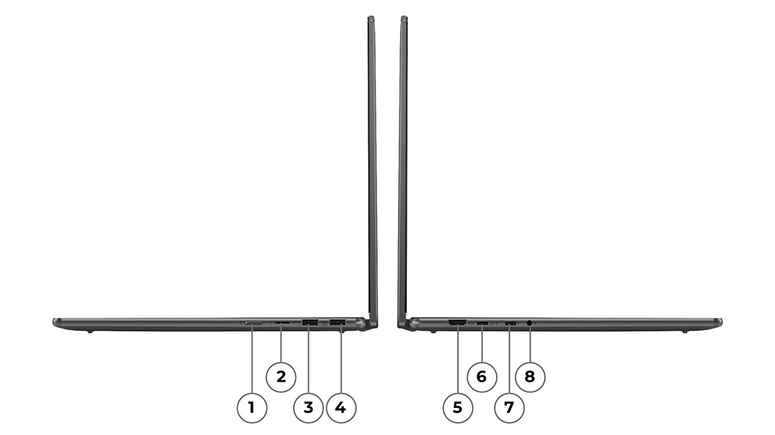 Porter og spor på høyre og venstre side av Lenovo Yoga 7i Gen 8 (16