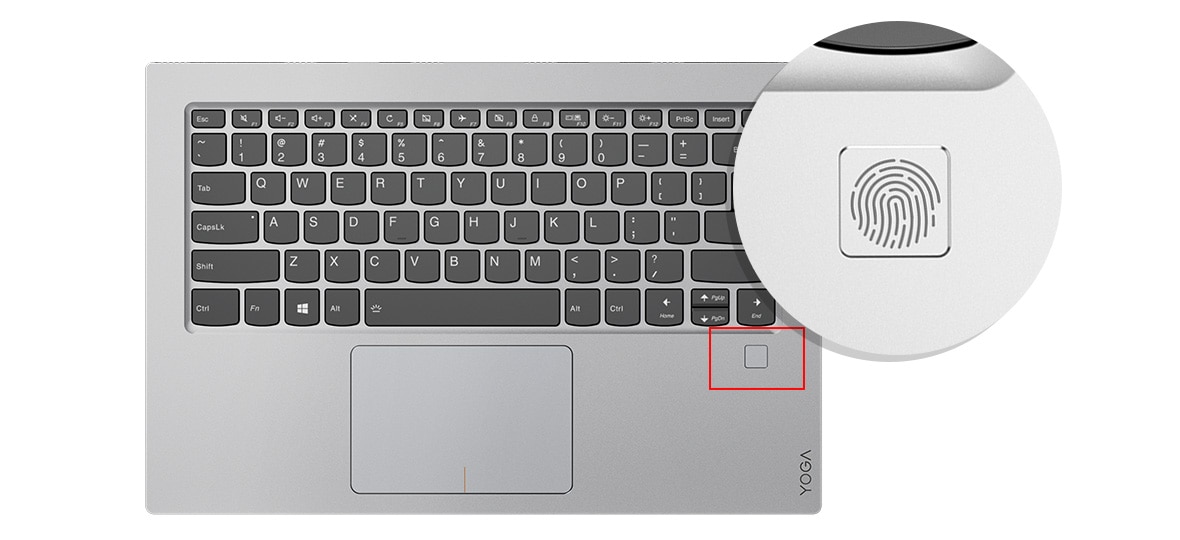 Lenovo Yoga 920 Vibes keyboard and fingerprint reader detail