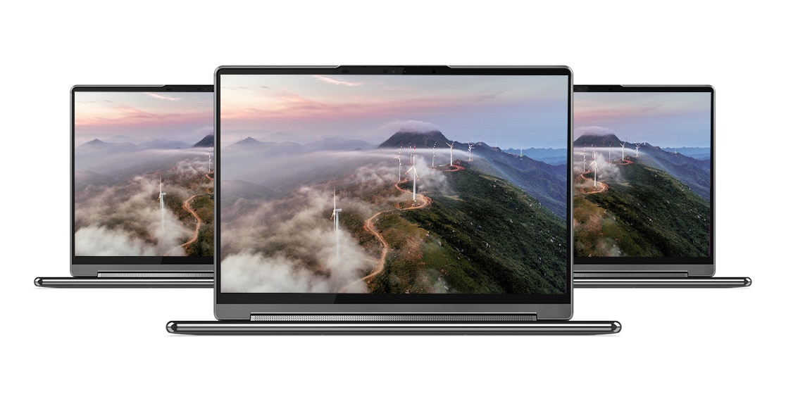 Three front views of the Lenovo Yoga 9i Gen 8 (14” Intel) 2-in-1 laptop with an image of windmills along a mountain pass on the display