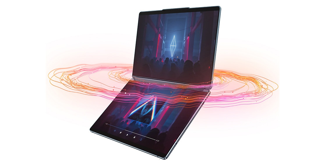 Yoga Book 9i Gen 8 (13″ Intel) fully opened with both screens on and sound emanating from the sound bar
