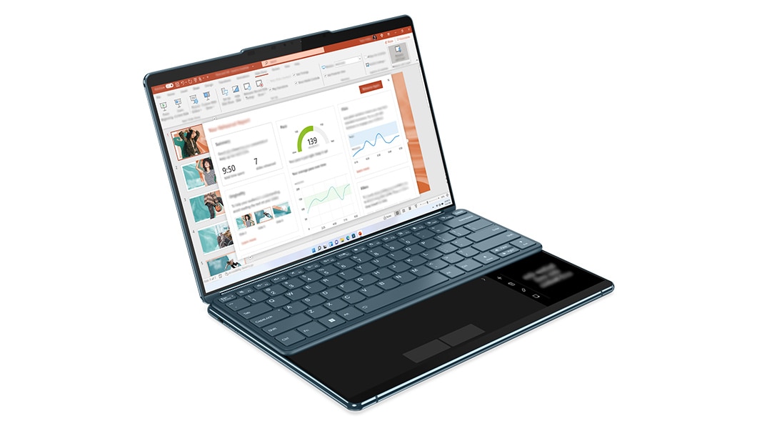 Yoga Book 9i Gen 8 (13″ Intel) front-facing right with Bluetooth® keyboard attached to lower display.