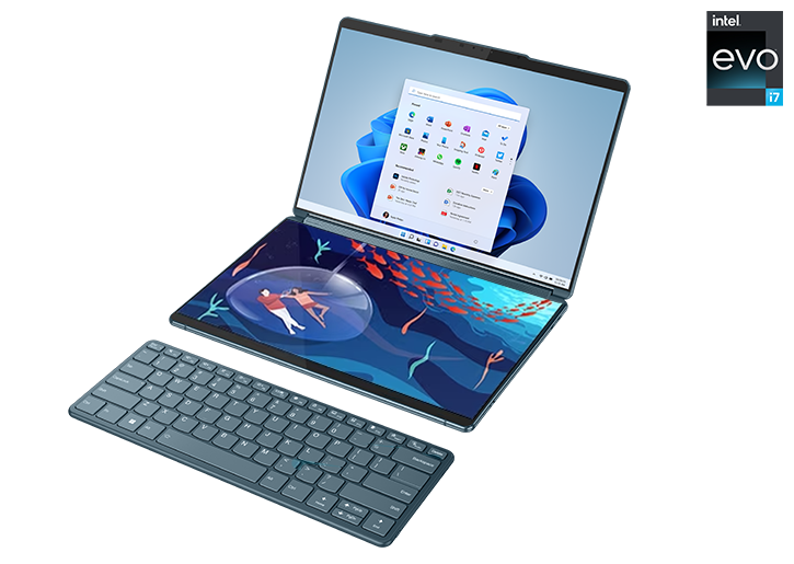 Yoga Book 9i Gen 8 (13″ Intel) front-facing left with Bluetooth® keyboard and Windows 11 on the screen