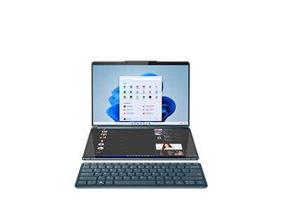 Yoga Book 9i Gen 8 (13″ Intel) Front facing with detachable keyboard and Windows 11 on the screen