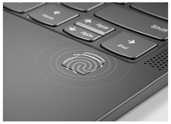 Detail view of integrated fingerprint scanner on the Yoga C630.