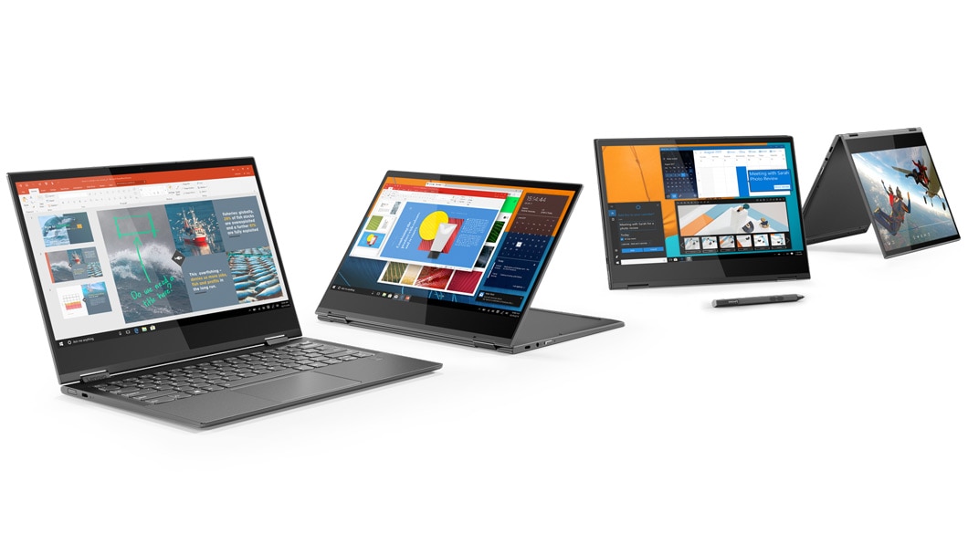 The Yoga C630 in four modes: laptop, presentation, tablet (with Lenovo Digital Pen), and tent.