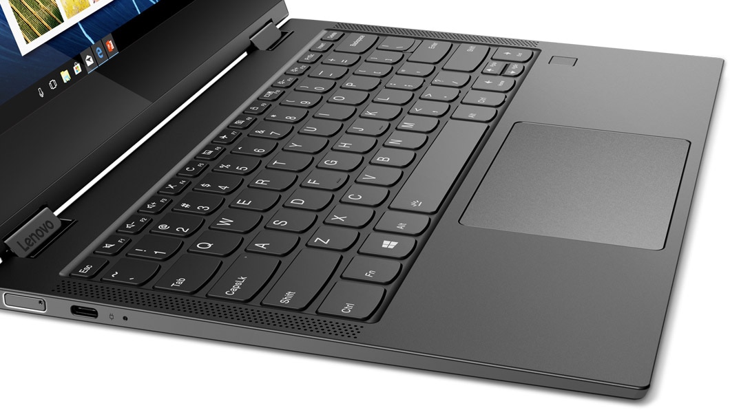 Shot of the Yoga C630 with the screen open and the full-sized keyboard.