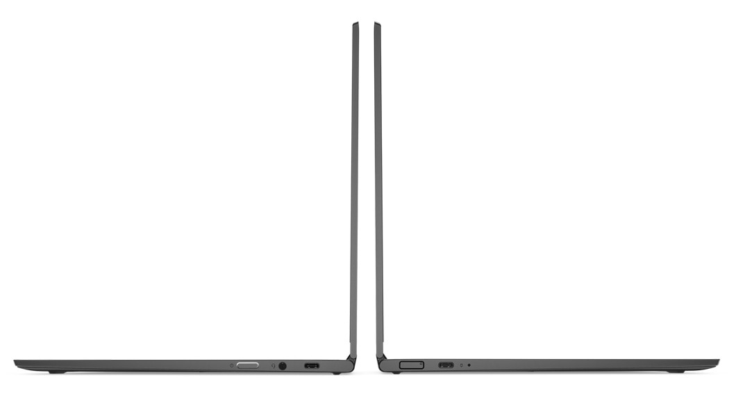Shot of two Yoga C630s in laptop mode, back to back - showing side ports.