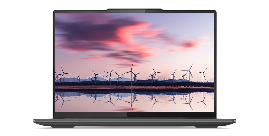 Front view of the Lenovo Yoga Pro 9i Gen 8 (14” Intel) 2-in-1 laptop, with a windmill farm reflected in water on the display