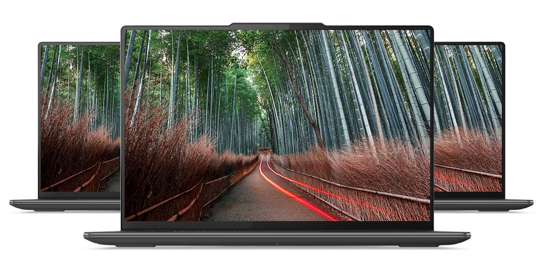 Three front views of the Lenovo Yoga Pro 9i Gen 8 (16” Intel) 2-in-1 laptop with an image of a forest road on the display