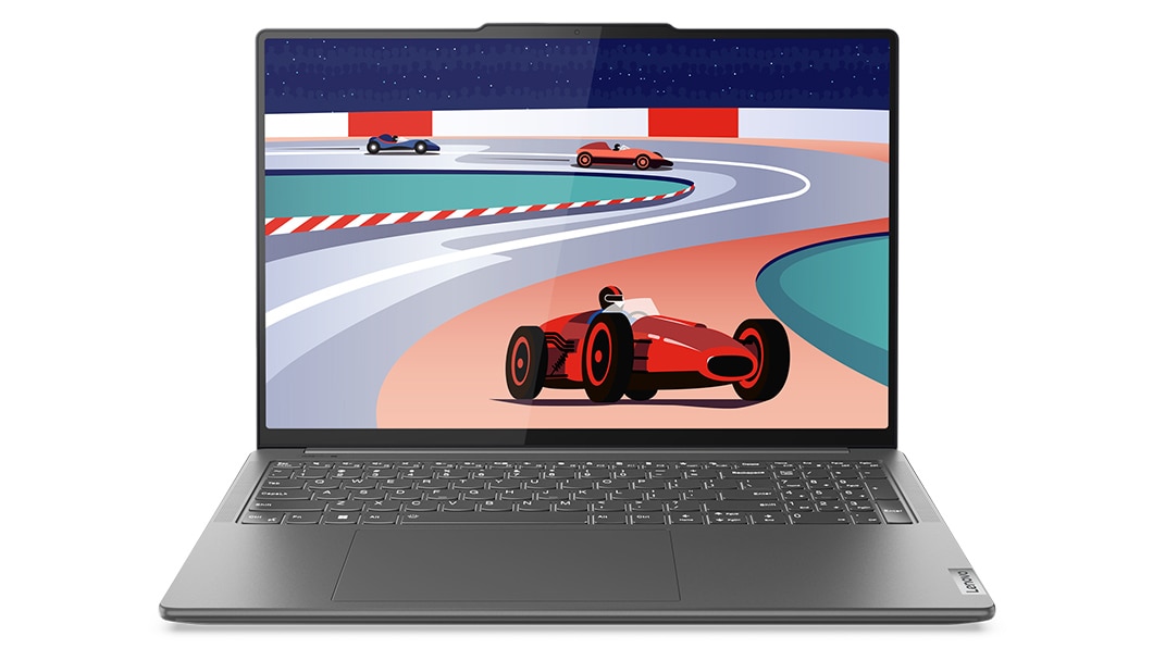 Front view of the Lenovo Yoga Pro 9i Gen 8 (16 Intel) with an animated racecar on the display