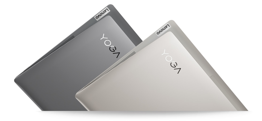 Shot of two Lenovo Yoga S740 laptops, showing the two color options: Iron Grey and Mica