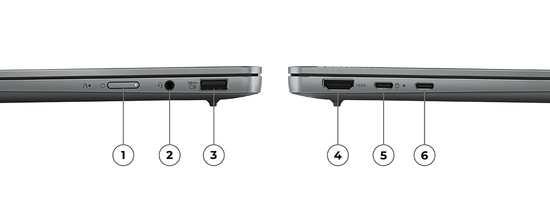 Vederi de profil lateral stânga și dreapta ale porturilor laptopului Yoga Slim 6 Gen 8