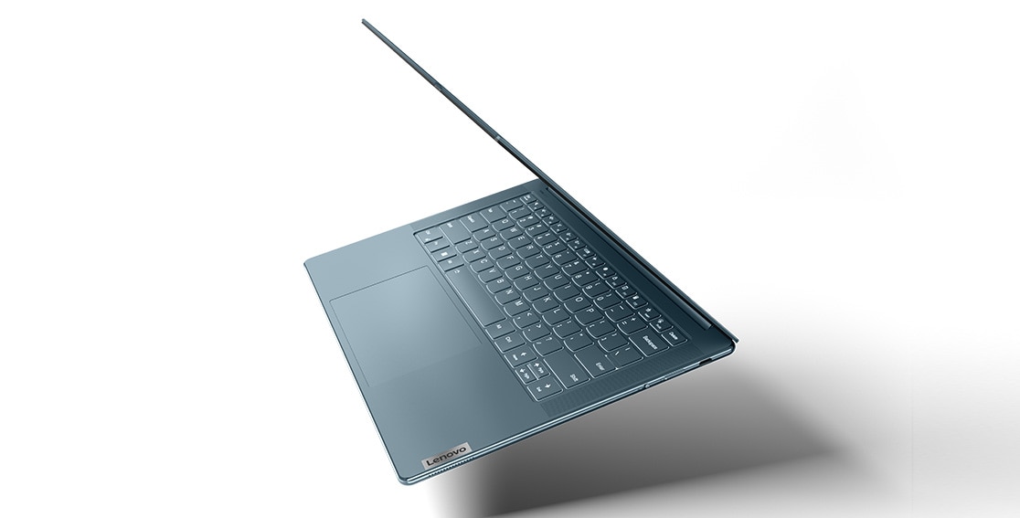 Partially open Yoga Slim 7 Gen 8 laptop facing left