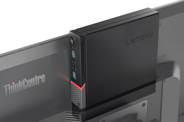 Lenovo ThinkCentre M600 Tiny, back view of monitor showing device attachment
