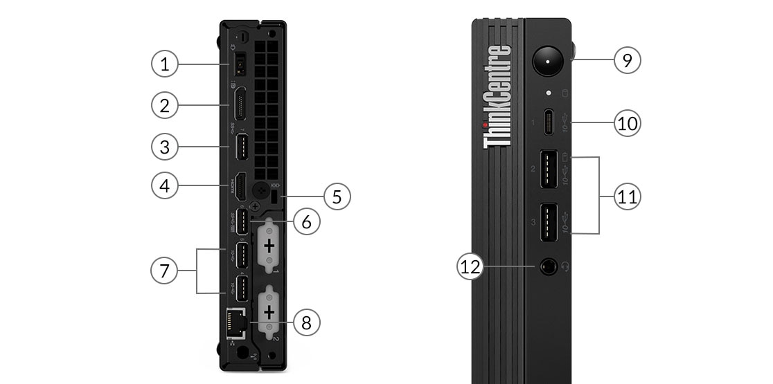 Due PC Lenovo ThinkCentre M80q di terza generazione posizionati uno accanto all'altro che mostrano le porte anteriori e posteriori