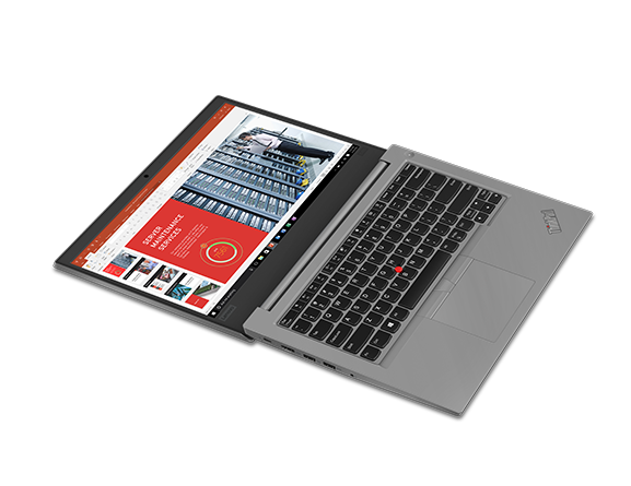 Lenovo ThinkPad E490 laptop in Silver, open 180 degrees laying flat (model shown is with optional fingerprint reader).