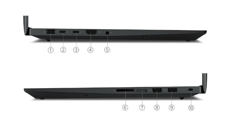 Two back-to-back profiles of Lenovo ThinkPad P1 Gen 4 mobile workstations open 90 degrees showing details of left and right ports.