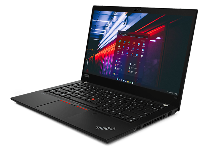 ThinkPad T14 (14″ Intel) Front view at Left angle, screen on with picture of yellow building