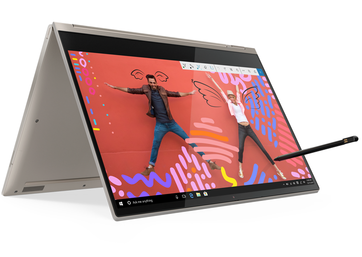 Lenovo Yoga C930 in Mineral Grey and Mica, open 180 degrees.