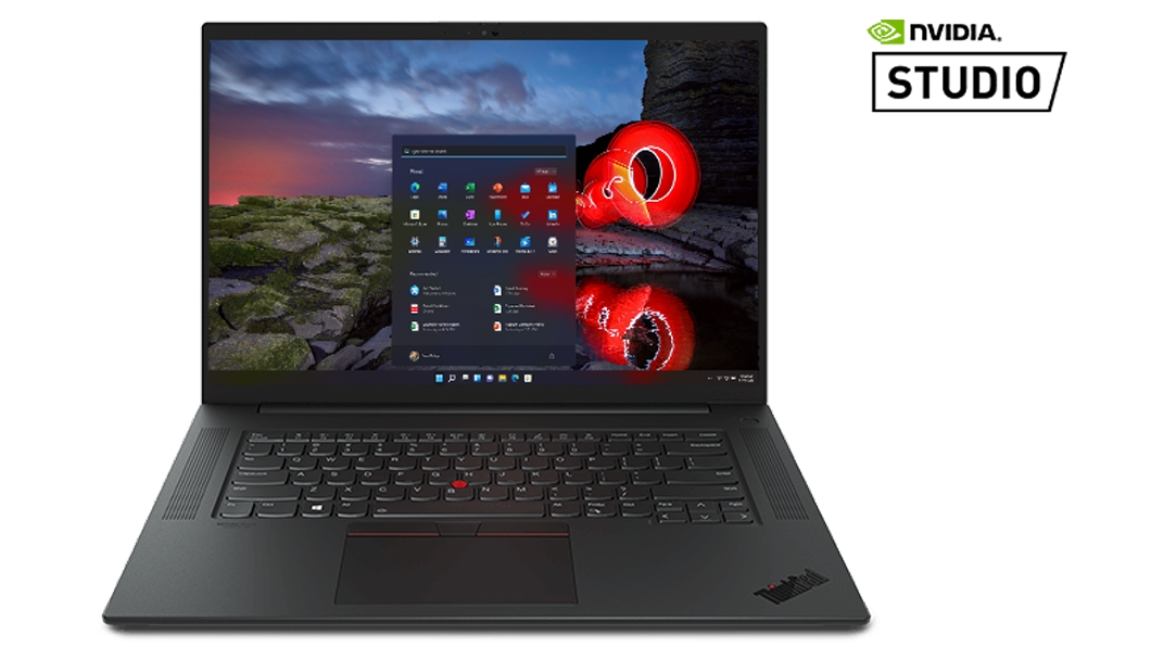 Front facing 16” Lenovo ThinkPad P1 Gen 4 mobile workstation with graphics intensive program on screen.