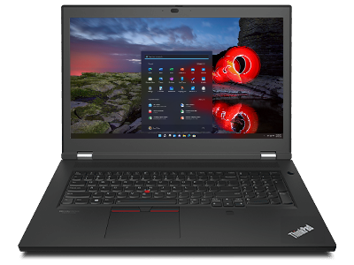 Head-on, high-angle view of the ThinkPad P17 Gen 2 mobile workstation, open 90 degrees revealing the keyboard and large, 17.3