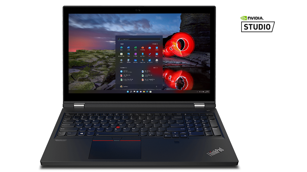 Vorderansicht des Lenovo ThinkPad T15g Gen 2 Notebooks mit Blick auf Display und Tastatur, mit NVIDIA Studio Logo.