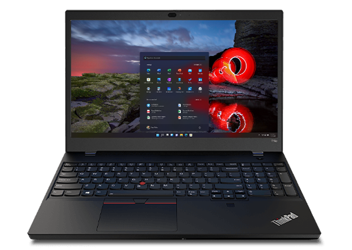 Vooraanzicht Lenovo ThinkPad T15p Gen 2 mobile workstation met volledig toetsenbord en 15,6'' schermformaat.
