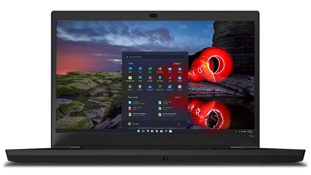Mobil workstation for Lenovo ThinkPad T15p Gen 2 sett forfra som viser Windows Start og Lenovo Vantage på skjermen.