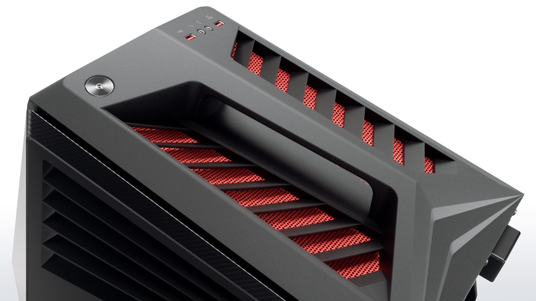 Lenovo Ideacentre Y720 Cube, top angle view showing red case venting and ports