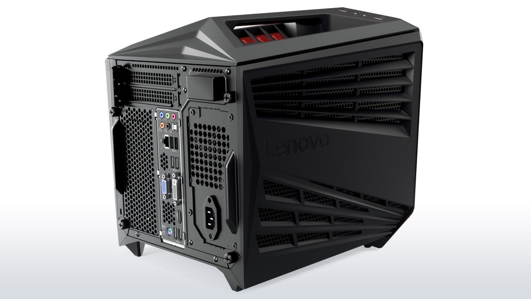Lenovo Ideacentre Y720 Cube, back left side view showing ports and case venting